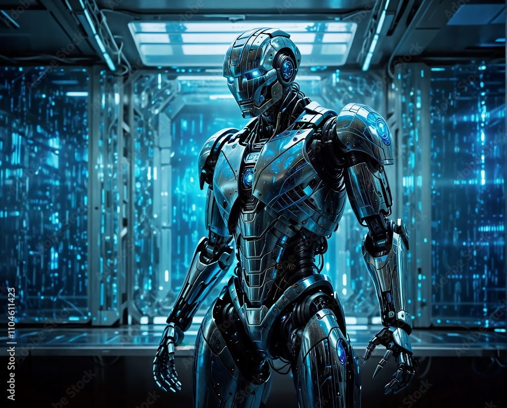 Military robot on dark blue background. Military robot on dark blue background.