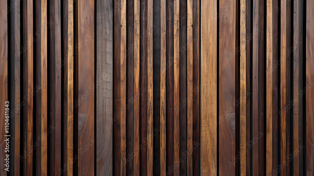 Naklejka premium Walnut Wood Paneling: A sleek and contemporary wood paneling design, featuring narrow vertical strips of rich walnut wood arranged in a regular pattern.