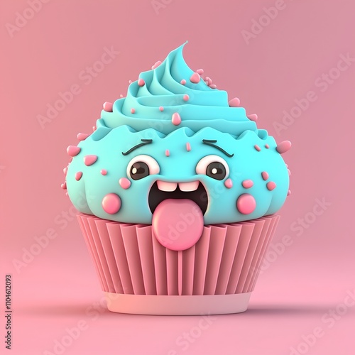 Cupcake with face expression on pink background. 3D rendering photo