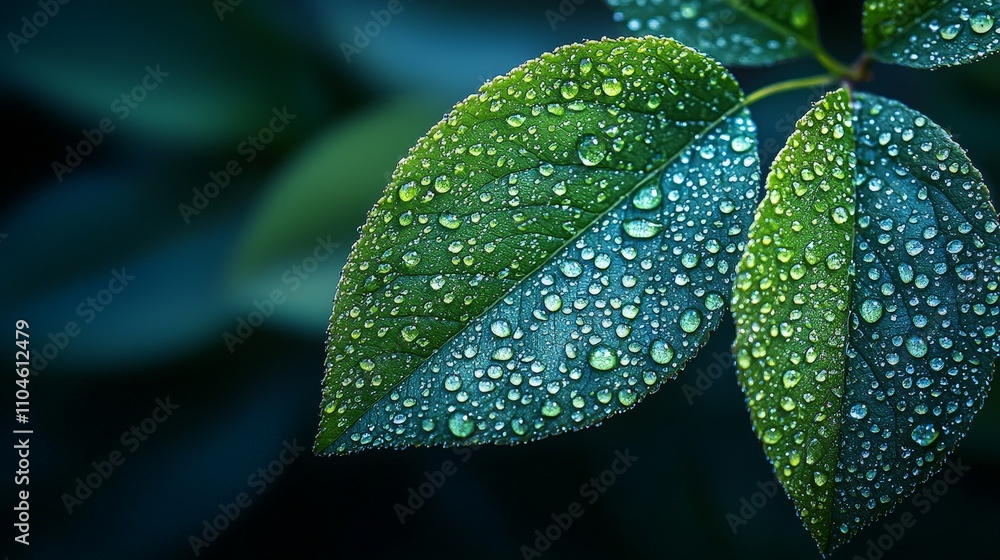 Close-up of green leaves with water droplets, showcasing nature's beauty and freshness. Close-up of green leaves with water droplets, showcasing nature's beauty and freshness.