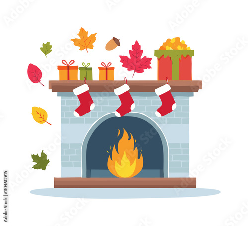 small fireplace with stockings and autumn