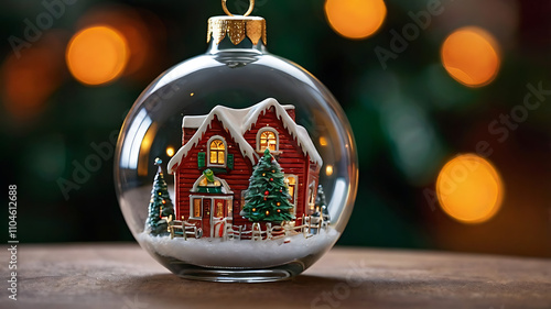 Glass Christmas ornament with miniature snow-covered house and trees inside.