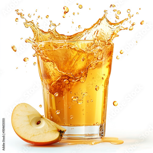 Delicious glass of apple juice splashed on a white background.