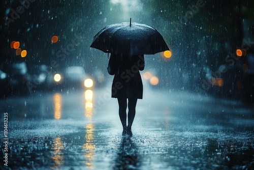 A lone woman stands in the middle of a city street under an umbrella during a heavy downpour, with blurry headlights from cars in the background.