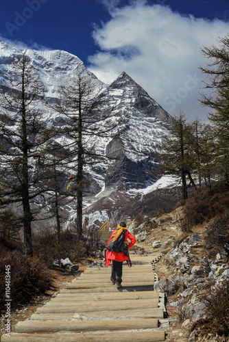 A young woman hiker with backpack walking on hiking trail towards to the mountain. Yading Nature Reserve, Sichuan, China.