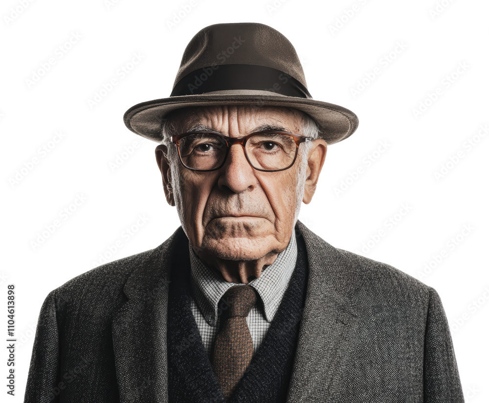 Elderly man in a stylish hat and glasses, cut out - stock png. Elderly man in a stylish hat and glasses, cut out - stock png.