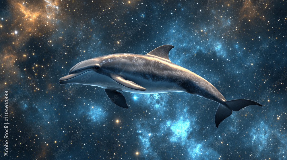 Obraz premium Dolphin in Starry Night: Cosmic Grace, Tranquil Ocean, 3D Rendering