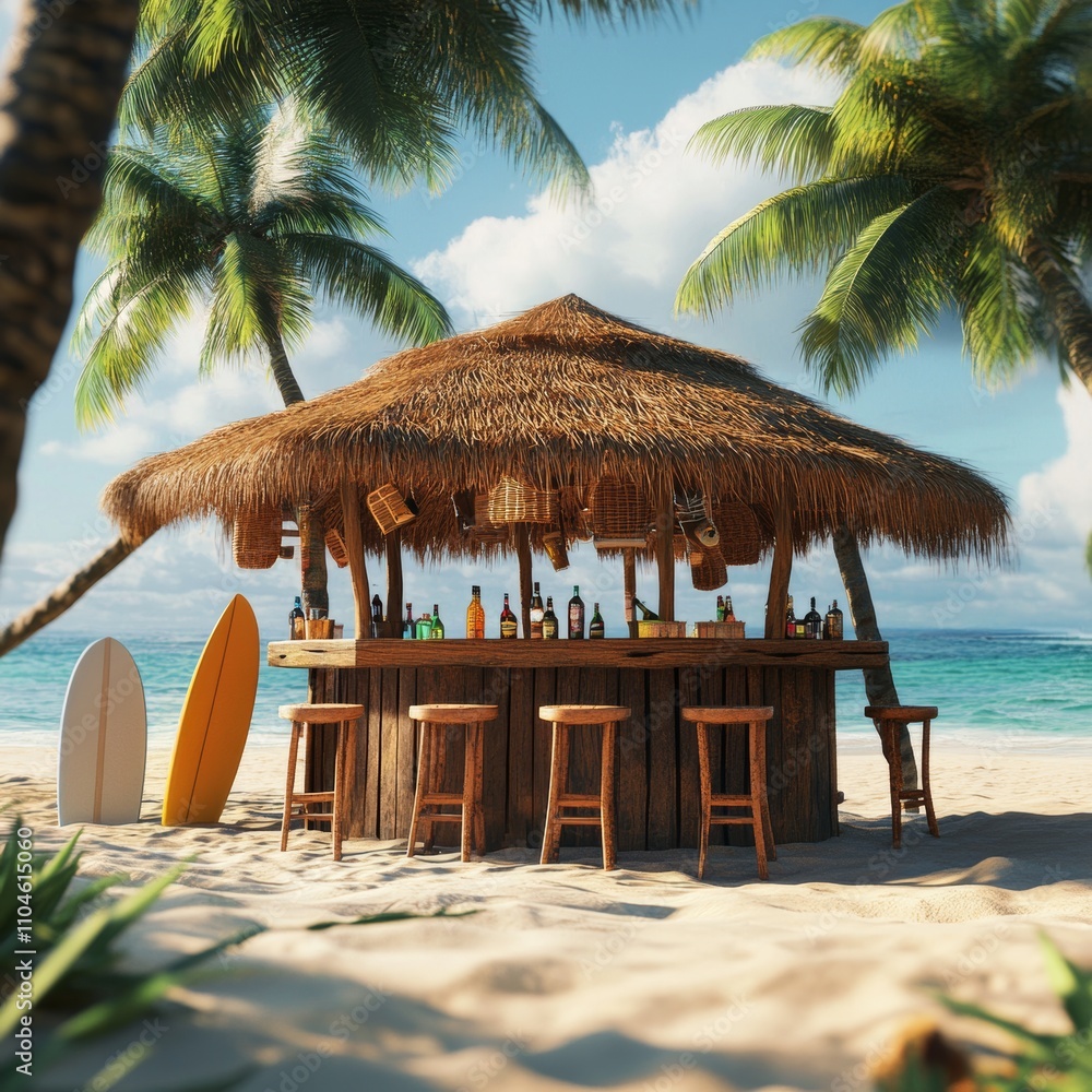 Fototapeta premium Tropical Beach Bar with Palm Trees and Surfboards in Paradise Scene