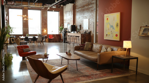 Industrial Chic Co-working Space: Modern Furniture, Natural Light, Brick Walls, Open Plan