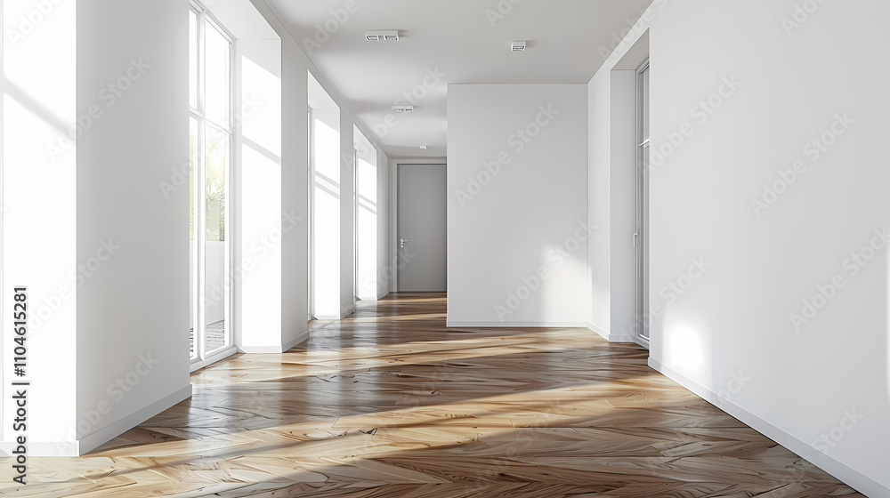 Sunlit Corridor: A long, bright hallway with large windows and a gleaming hardwood floor, bathed in warm sunlight. The minimalist design creates a sense of spaciousness and calm. Sunlit Corridor: A long, bright hallway with large windows and a gleaming hardwood floor, bathed in warm sunlight. The minimalist design creates a sense of spaciousness and calm.