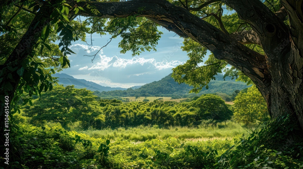lush green trees that provide a frame for the green mountain views lush green trees that provide a frame for the green mountain views