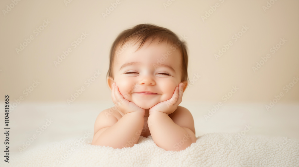happy baby with joyful expression resting on soft blanket, showcasing innocence and warmth. happy baby with joyful expression resting on soft blanket, showcasing innocence and warmth.