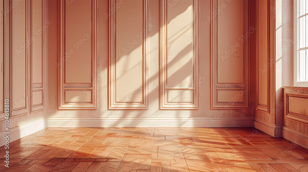 Sunlit Classic Interior: Warm sunlight streams through a large window, illuminating a room with elegant paneled walls and a gleaming hardwood floor. Sunlit Classic Interior: Warm sunlight streams through a large window, illuminating a room with elegant paneled walls and a gleaming hardwood floor.