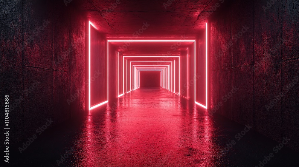 Neon Lit Tunnel with Red Lights and Dark Concrete Walls Neon Lit Tunnel with Red Lights and Dark Concrete Walls