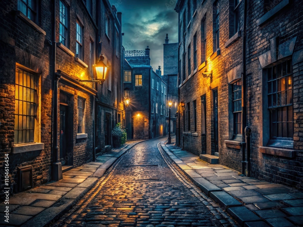 Mysterious Dark Alley in London with High Depth of Field, Atmospheric Lighting, Cobblestone Pathway, Victorian Architecture, Urban Exploration, and Gritty Charm Mysterious Dark Alley in London with High Depth of Field, Atmospheric Lighting, Cobblestone Pathway, Victorian Architecture, Urban Exploration, and Gritty Charm