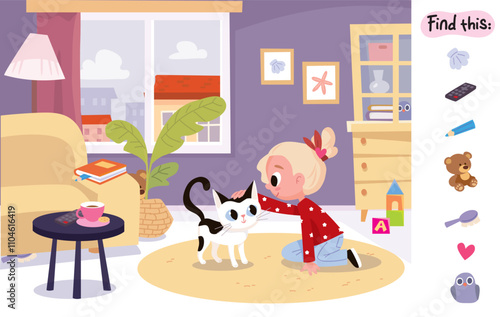 Find hidden objects items in the picture puzzle game. Little girl petting, cuddle his kitten sitting on floor in middle of room. Attention task. Worksheet.  Educational game for children. Cartoon.