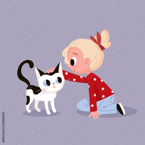 Little blonde girl petting, cuddle his kitten sitting on floor. Girl is wearing a red blouse, shirt and jeans. Vector flat illustration.