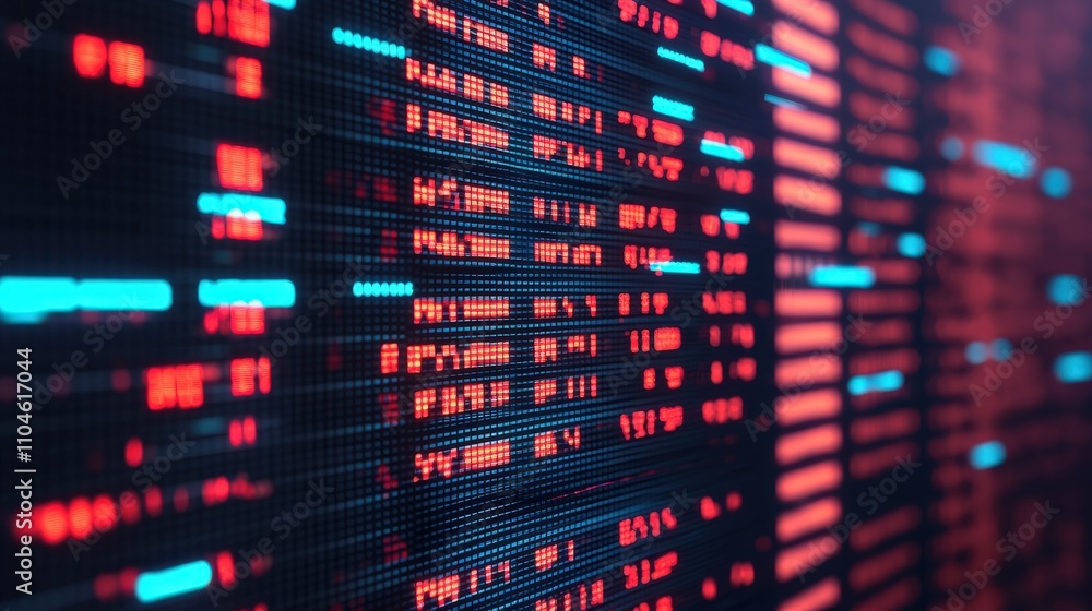 A vibrant digital display showcasing a matrix of red and blue data streams, representing technology and information flow. A vibrant digital display showcasing a matrix of red and blue data streams, representing technology and information flow.