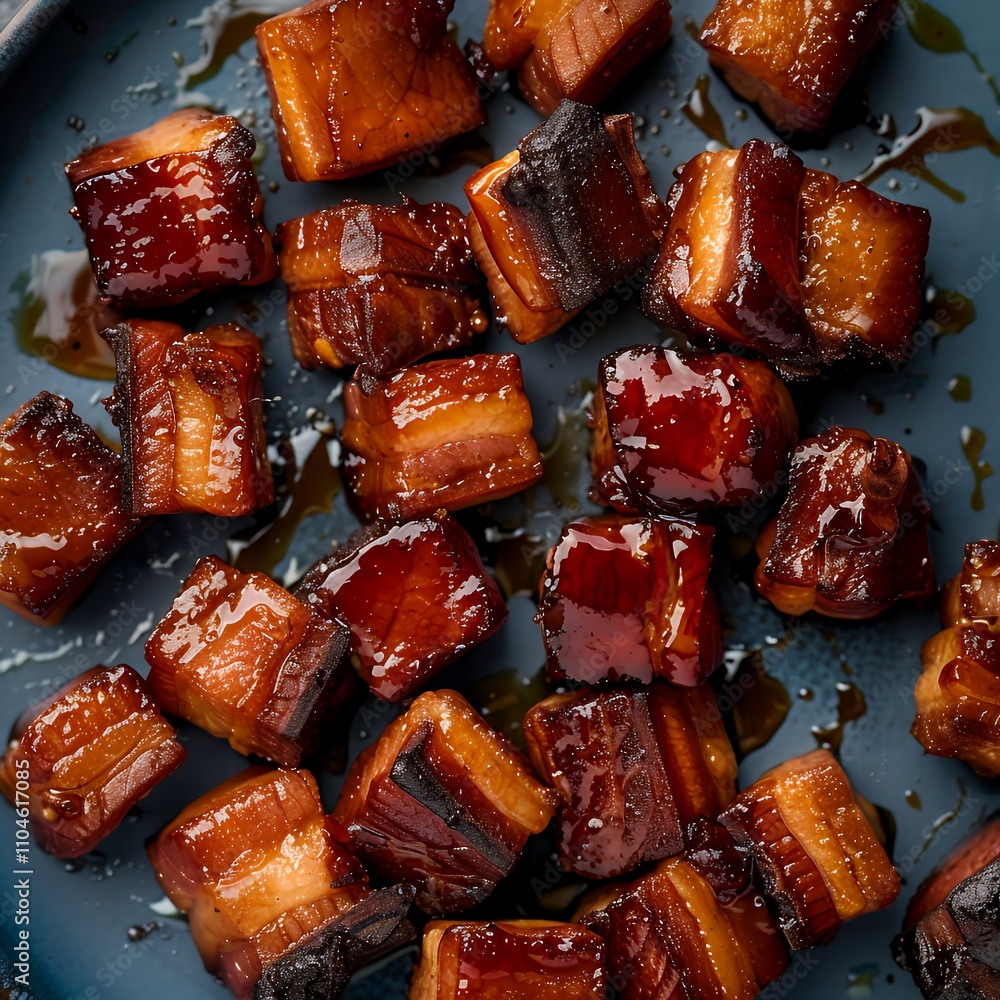 A close-up of glossy, caramelized pork belly cubes on a blue plate. A close-up of glossy, caramelized pork belly cubes on a blue plate.