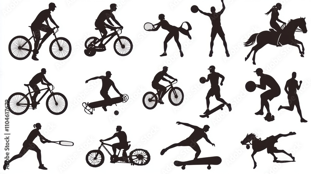 Naklejka premium Dynamic Sports Silhouettes Collection Featuring Biking, Horse Riding, Basketball, Tennis, Skateboarding, Running, and More Activities in a Varied Athletic Theme