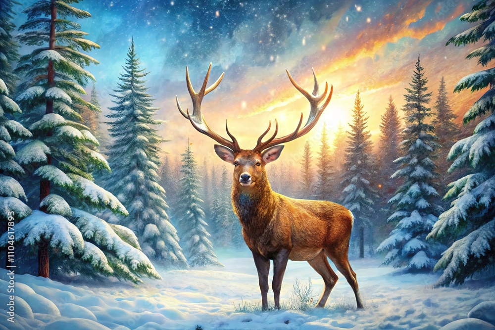 Majestic Winter Deer, Snowy Forest Christmas Scene Majestic Winter Deer, Snowy Forest Christmas Scene
