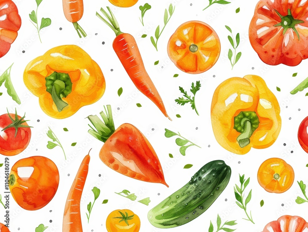 A vibrant pattern of colorful vegetables, including peppers, carrots, tomatoes, and cucumbers, beautifully illustrated with a fresh, artistic style. A vibrant pattern of colorful vegetables, including peppers, carrots, tomatoes, and cucumbers, beautifully illustrated with a fresh, artistic style.
