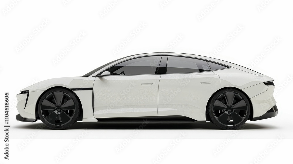 A sleek, modern electric car with a white exterior and black accents, showcasing a futuristic design and aerodynamic shape. A sleek, modern electric car with a white exterior and black accents, showcasing a futuristic design and aerodynamic shape.