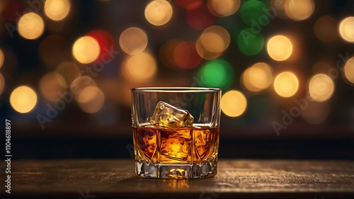 Whiskey on the rocks in a rocks glass on a wooden surface with bokeh lights background.