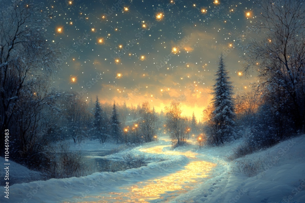 Serene Snowy Night Landscape with Ethereal Glow Serene Snowy Night Landscape with Ethereal Glow