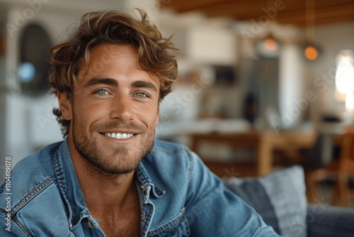 Smiling man sitting on sofa at home, looking away and enjoying conversation, wearing denim shirt, feeling relaxed and happy in modern apartment