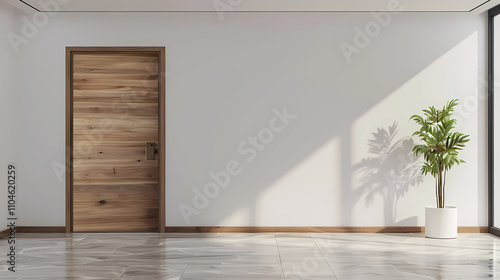Modern Minimalist Interior: Sunlight streams into a bright, minimalist interior, illuminating a sleek wooden door and a potted plant, casting a delicate shadow on the wall.