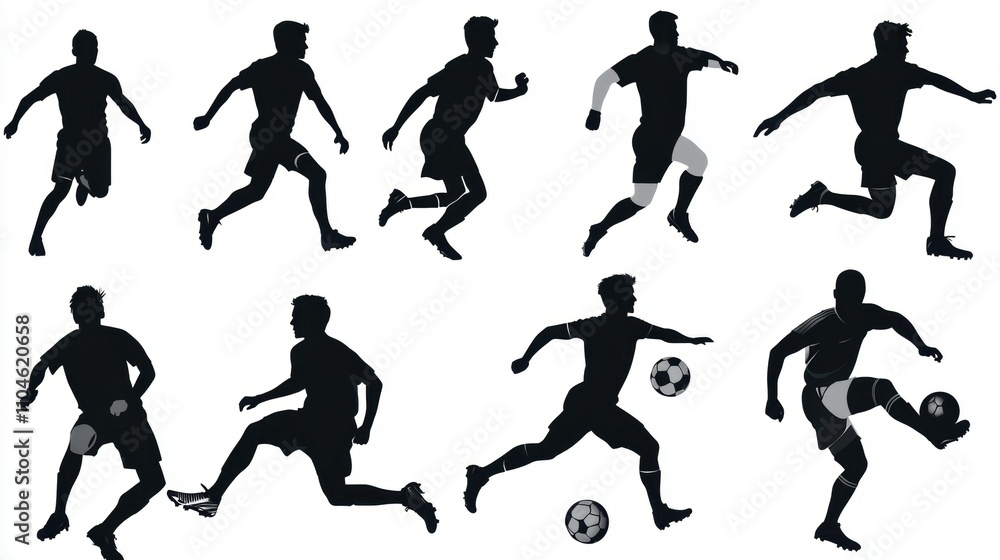 Dynamic Silhouettes of Soccer Player in Various Action Poses Representing Movement and Athleticism in Sport for Creative Illustrative Needs Dynamic Silhouettes of Soccer Player in Various Action Poses Representing Movement and Athleticism in Sport for Creative Illustrative Needs