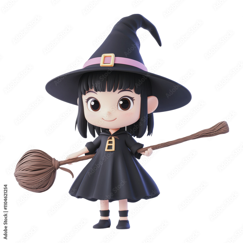 Cute witch character with a broomstick and hat, cut out - stock png. Cute witch character with a broomstick and hat, cut out - stock png.