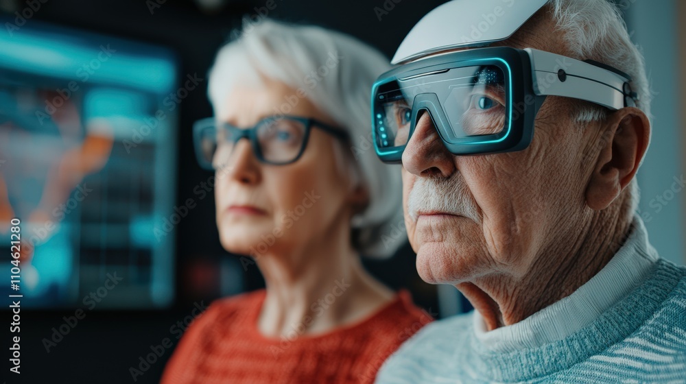 The image shows an elderly couple wearing 3D glasses, focused on a digital display, highlighting technology's impact on older generations. The image shows an elderly couple wearing 3D glasses, focused on a digital display, highlighting technology's impact on older generations.