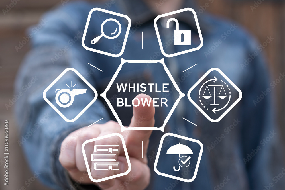 Person working on virtual touch screen presses text: WHISTLEBLOWER. Anonymous Whistleblower Informant Business concept.