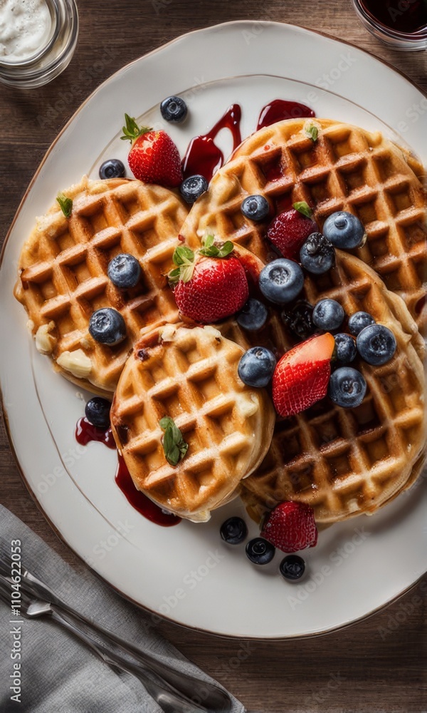 Delicious waffles piled high with juicy berries, including strawberries, raspberries, blueberries. Light dusting of powdered sugar adds elegance, making it for brunch promotions, food photography. Delicious waffles piled high with juicy berries, including strawberries, raspberries, blueberries. Light dusting of powdered sugar adds elegance, making it for brunch promotions, food photography.