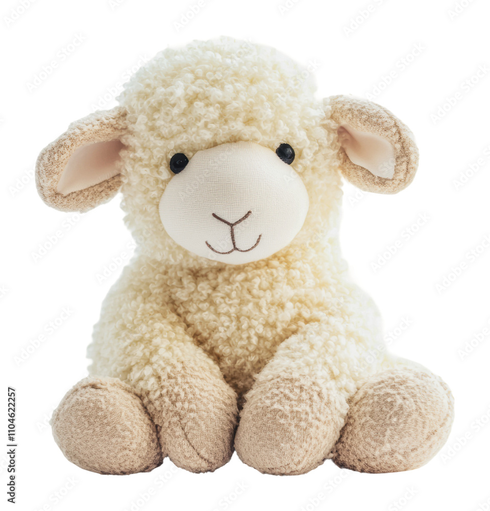 Soft plush lamb toy sitting on a smooth surface, cut out - stock png. Soft plush lamb toy sitting on a smooth surface, cut out - stock png.