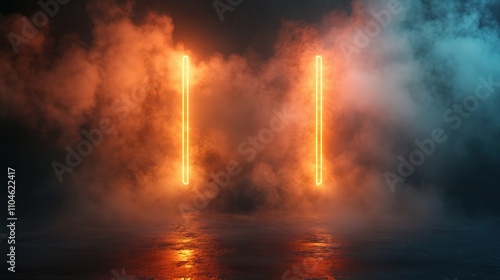 Neon Light Display with Fog in Dark Studio Environment