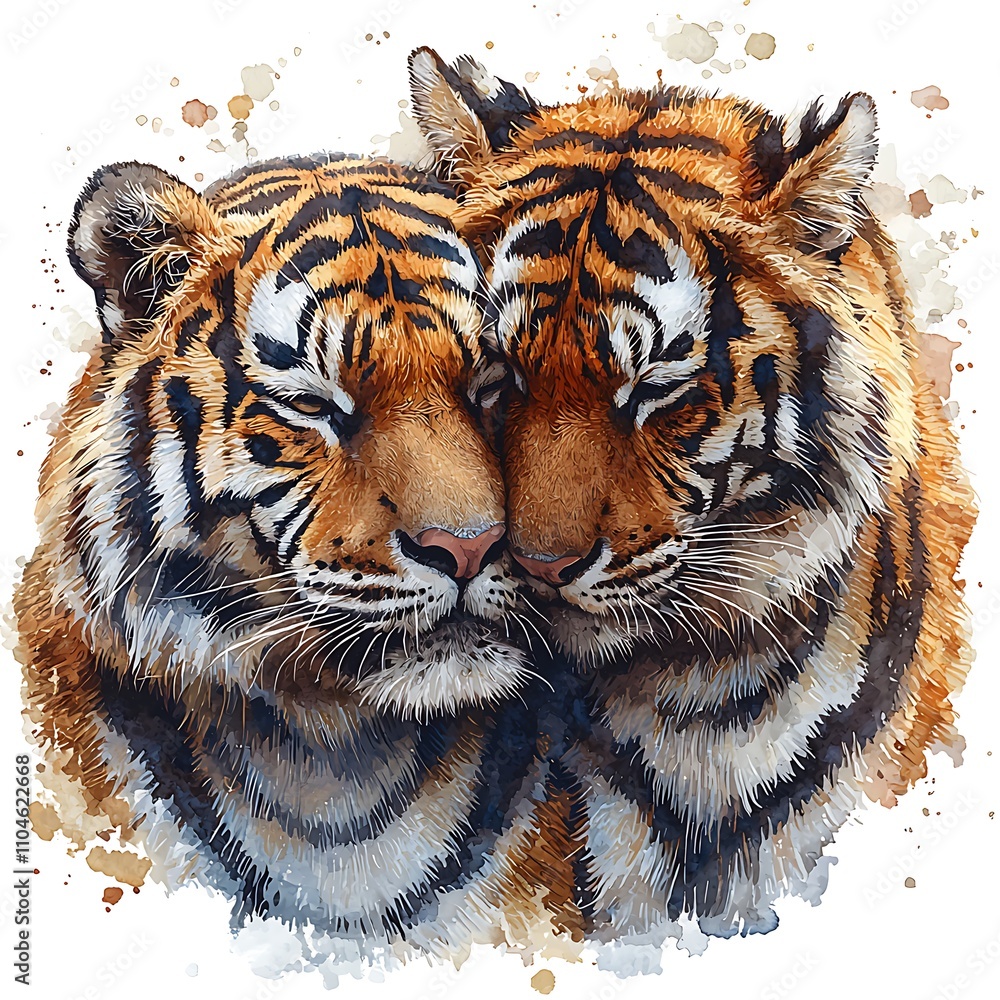 Obraz premium Watercolor Painting of Two Tigers Embracing, Symbolizing Love and Unity.