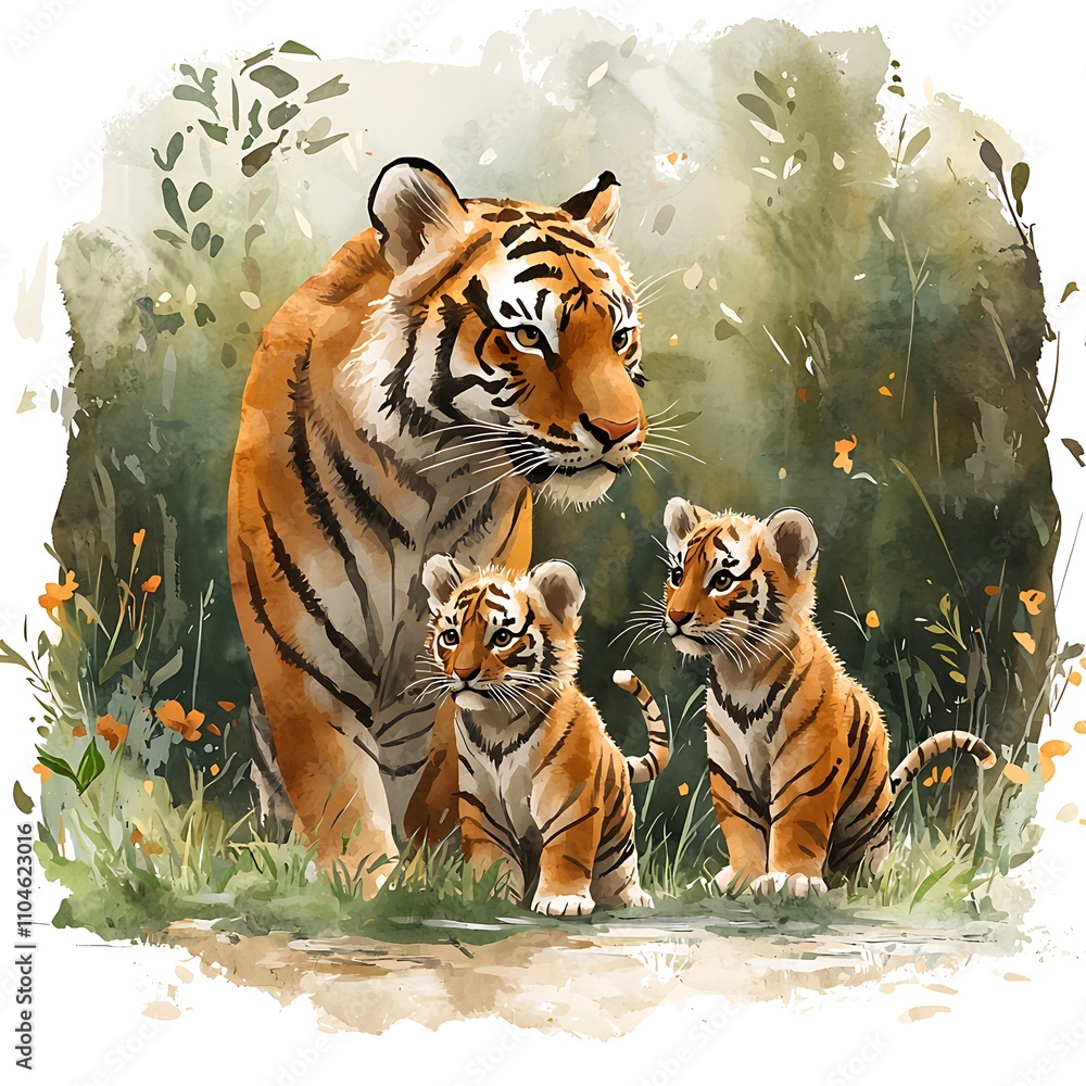 Obraz premium Watercolor Painting of a Majestic Tiger Mother with Two Adorable Cubs in a Lush Green Forest.