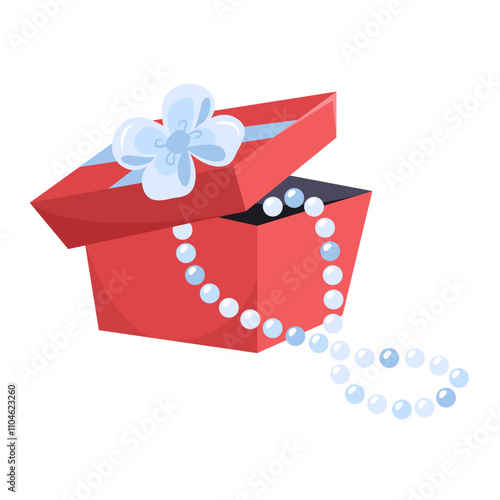 Gift box with pearl beads. Present with jewellery isolated on white background. Precious pearl necklace in red gift wrap with cute bow. Vector illustration