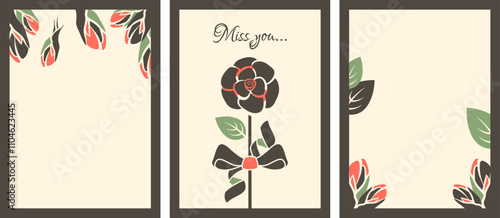 Valentine elements on greeting cards. Set of retro posters for 14 February holiday. Valentine flower, rosebuds, love text. Romantic design. Vector flat illustration