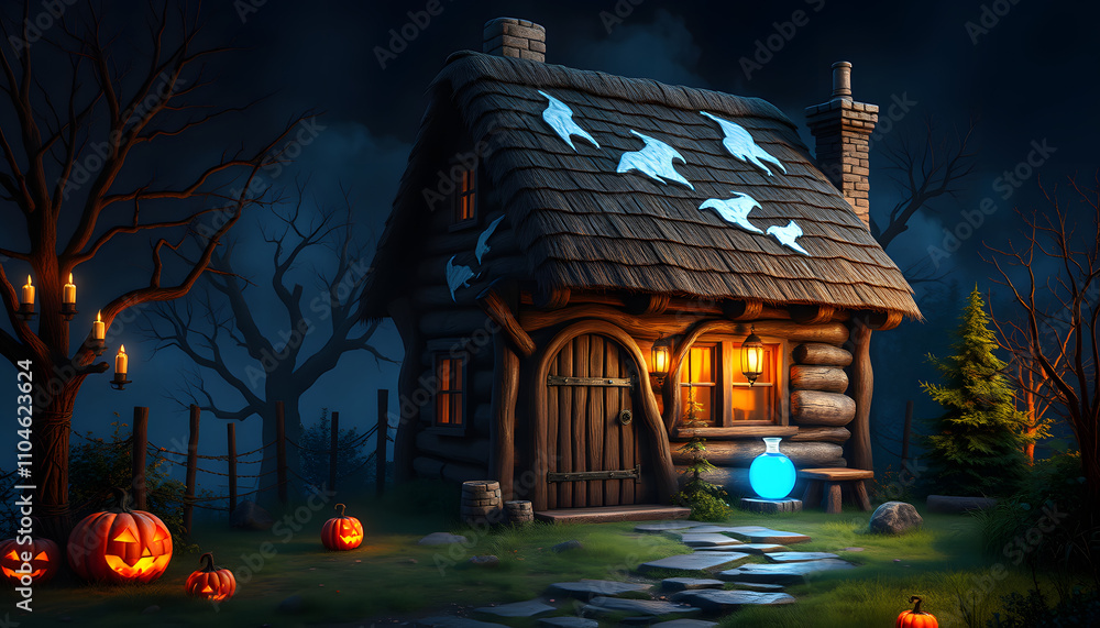 Fototapeta premium Witcher cottage with blue magic potion for Halloween isolated with white highlights, png