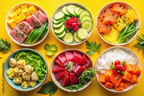 Wallpaper Mural Vibrant Top View of Fresh Poke Bowls on a Bright Yellow Background, Perfect for Food Photography and Culinary Inspiration Torontodigital.ca