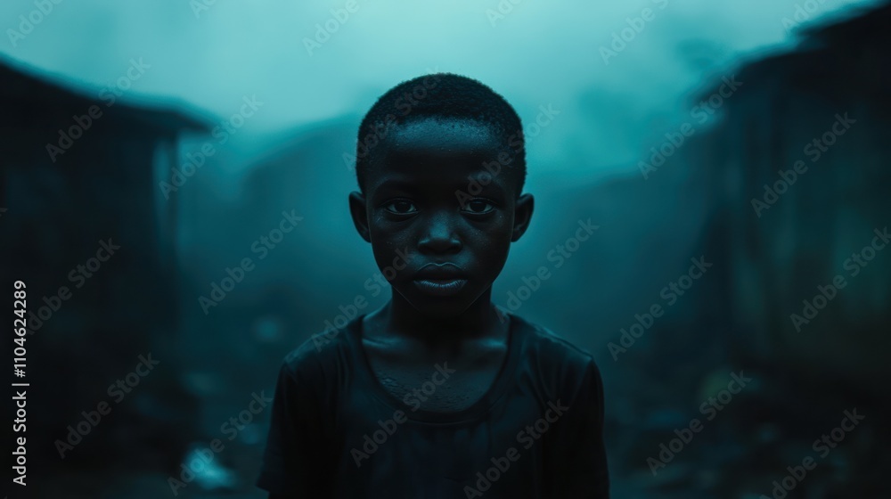 A solemn child stands amidst a foggy, desolate environment. A solemn child stands amidst a foggy, desolate environment.