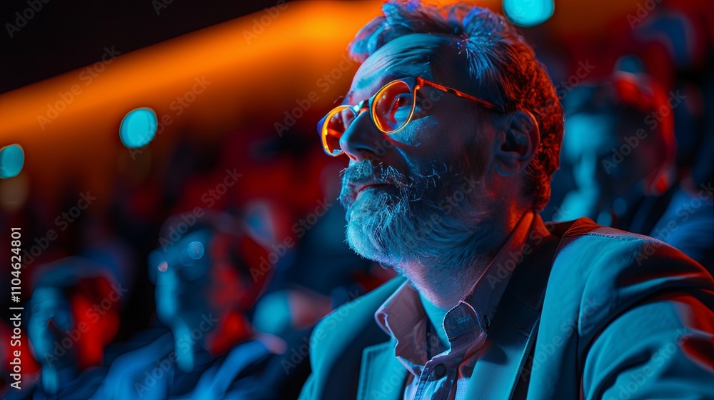 Bearded man in glasses attentively watching a presentation in a dimly lit auditorium. Bearded man in glasses attentively watching a presentation in a dimly lit auditorium.