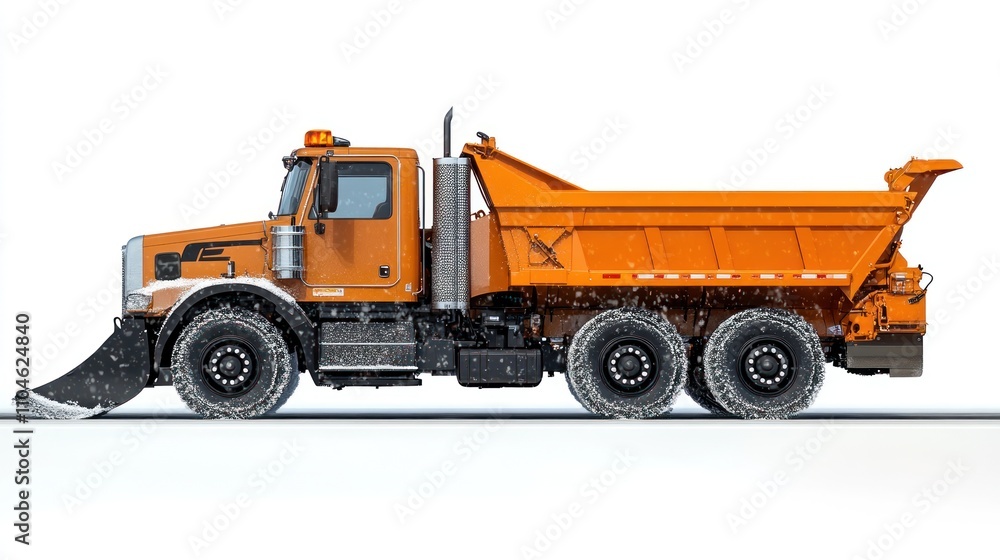 Fototapeta premium Orange dump truck with plow, designed for snow removal and transport.