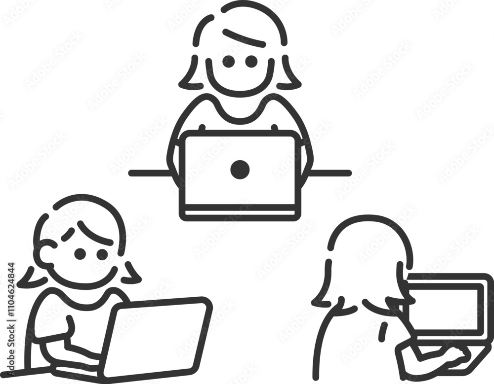 ノートパソコンを使う女性のアイコン(線画)のイラストセット ノートパソコンを使う女性のアイコン(線画)のイラストセット