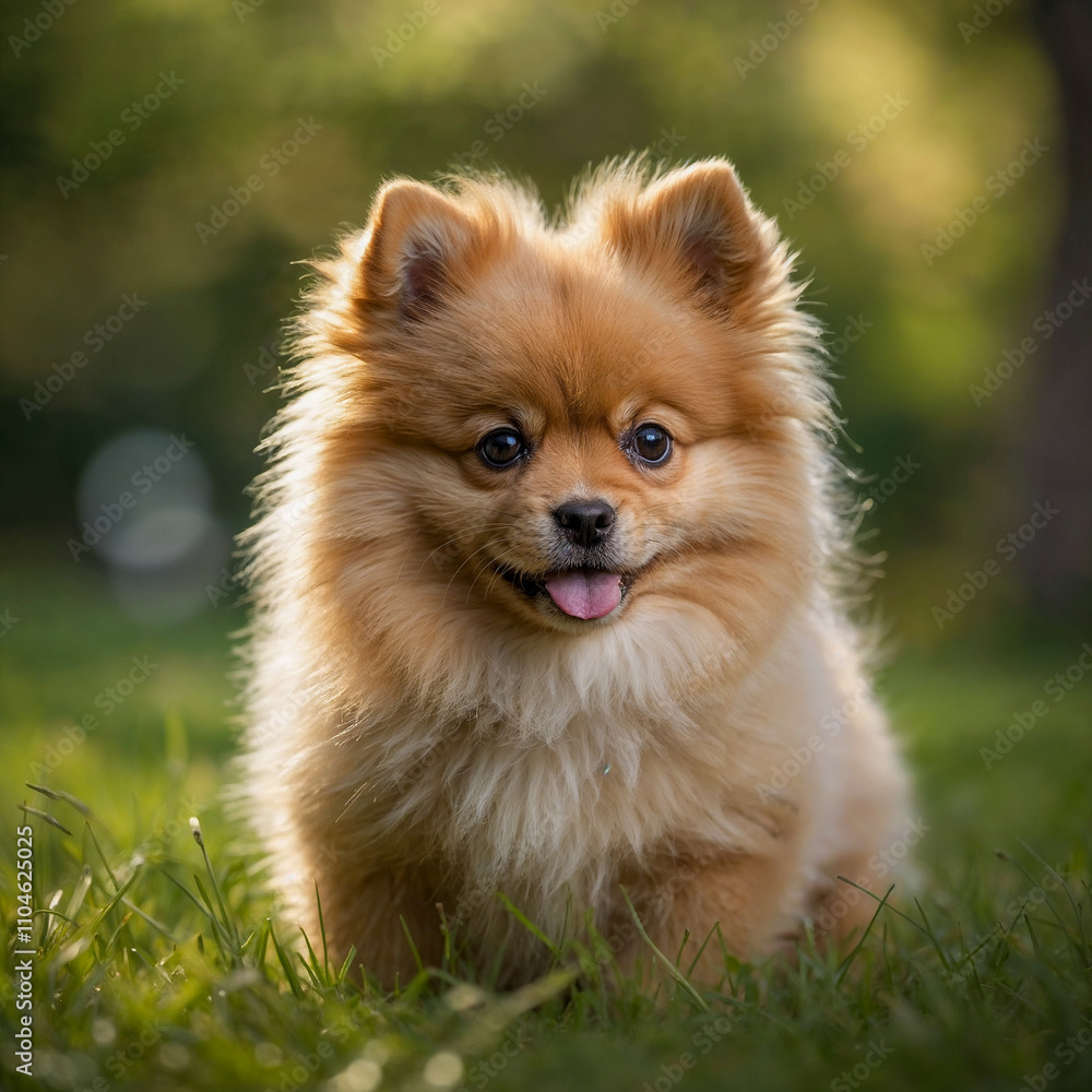 Pomeranian puppy standing on soft grass with a blurred green tree background. Pomeranian puppy standing on soft grass with a blurred green tree background.