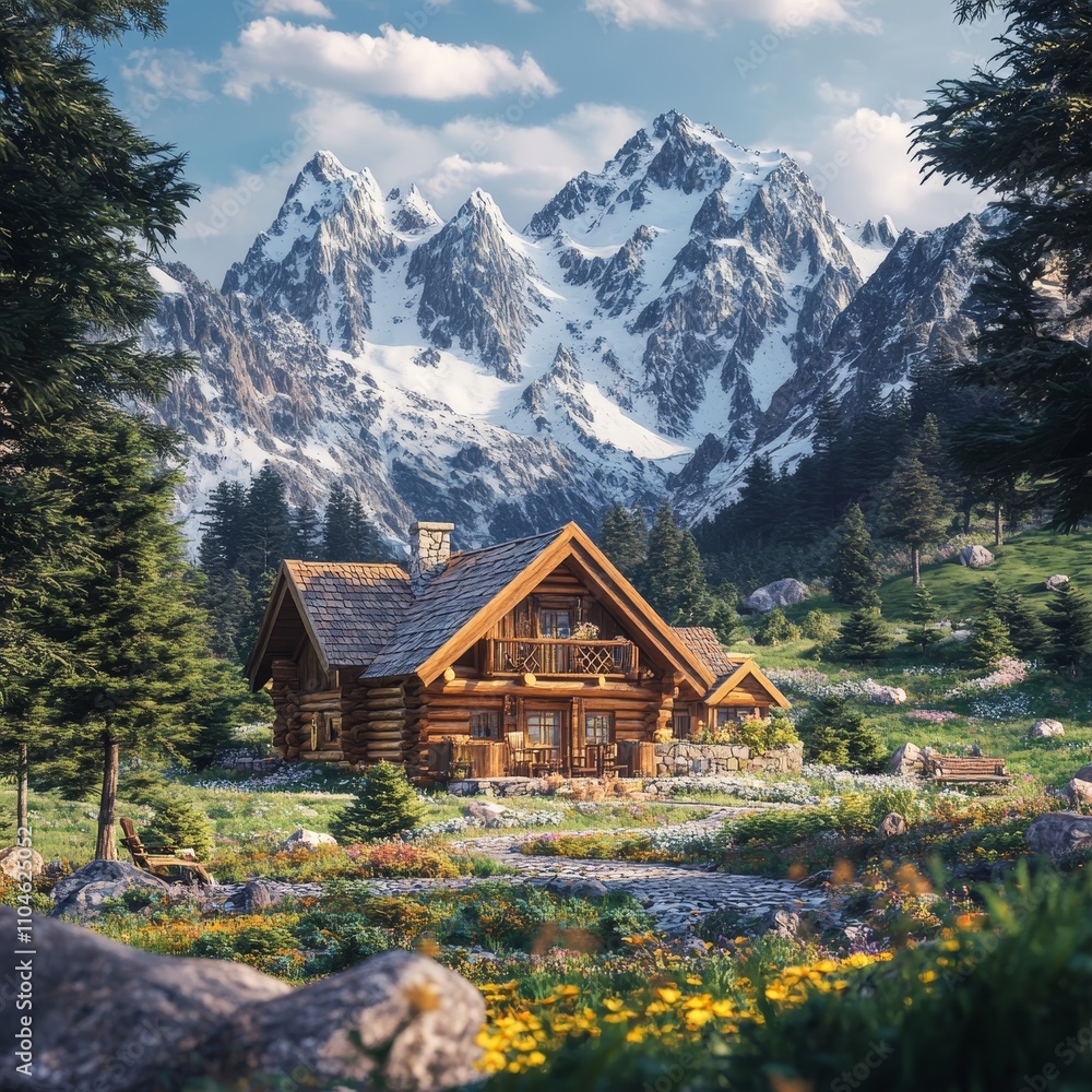 Cozy Log Cabin in Lush Meadow with Snow-Capped Mountains Surrounding Cozy Log Cabin in Lush Meadow with Snow-Capped Mountains Surrounding